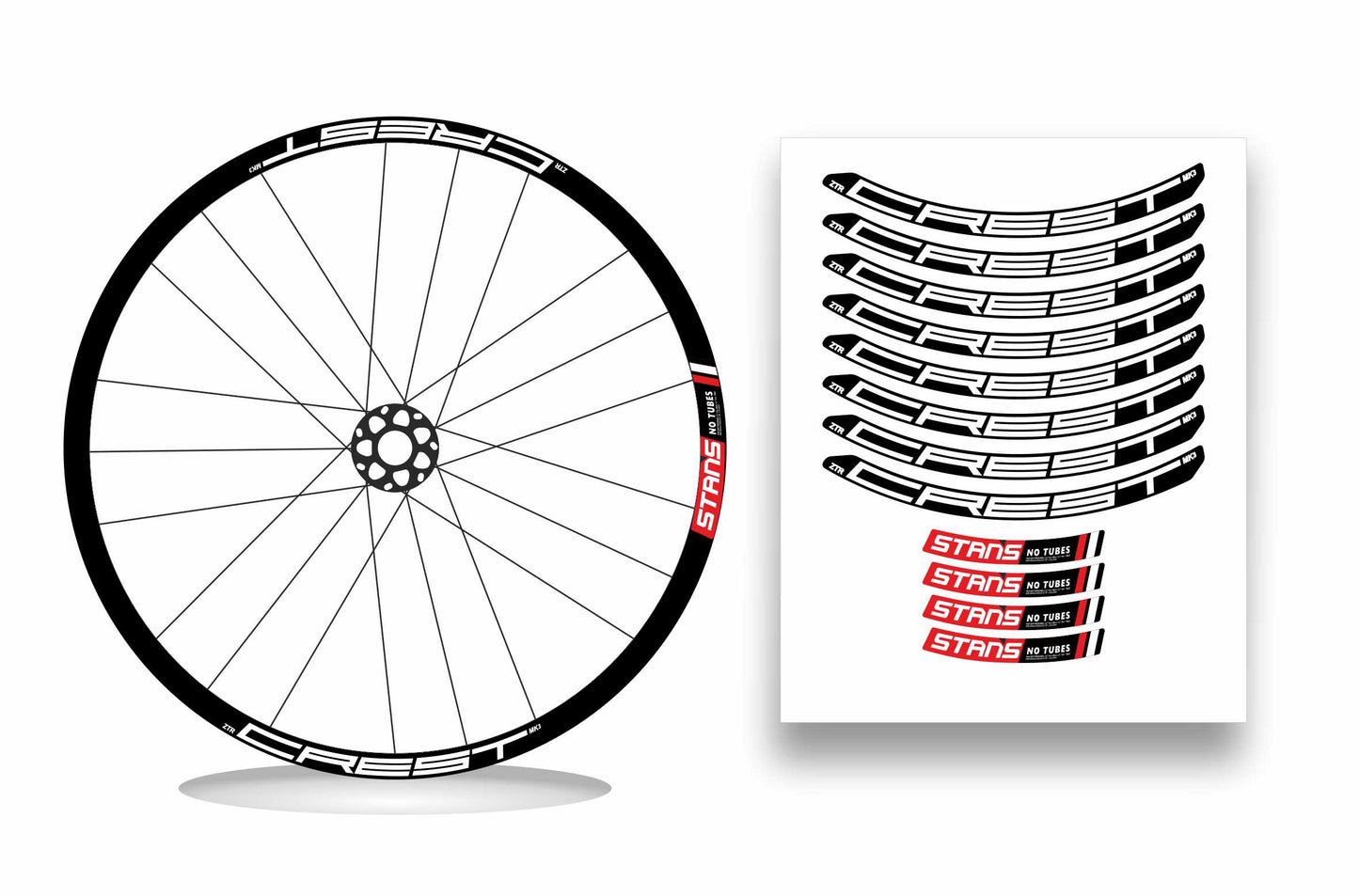 ZTR Crest MK3 NoTubes STANS 2018 - Kit adesivi cerchi mtb 29" sfondo nero wheel decals stickers