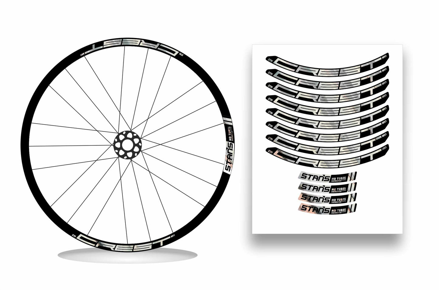 ZTR Crest MK3 NoTubes STANS 2018 - Kit adesivi cerchi mtb 29" sfondo nero wheel decals stickers