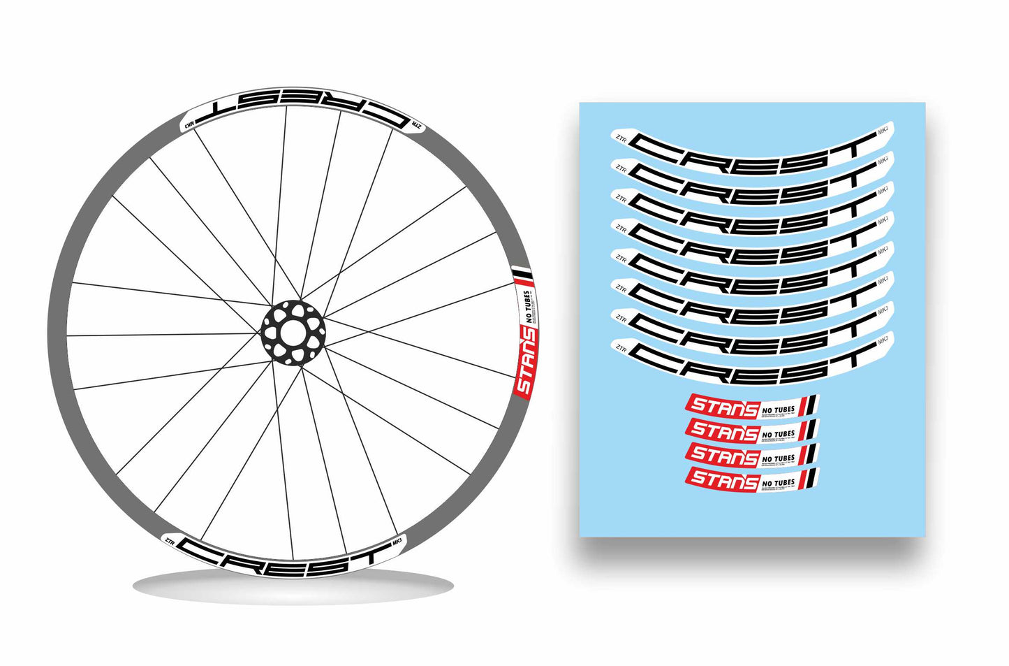 ZTR Crest MK3 NoTubes STANS 2018 - Kit adesivi cerchi mtb 29" sfondo nero wheel decals stickers