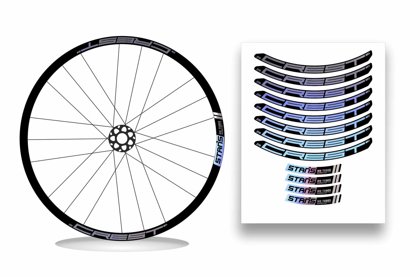 ZTR Crest MK3 NoTubes STANS 2018 - Kit adesivi cerchi mtb 29" sfondo nero wheel decals stickers