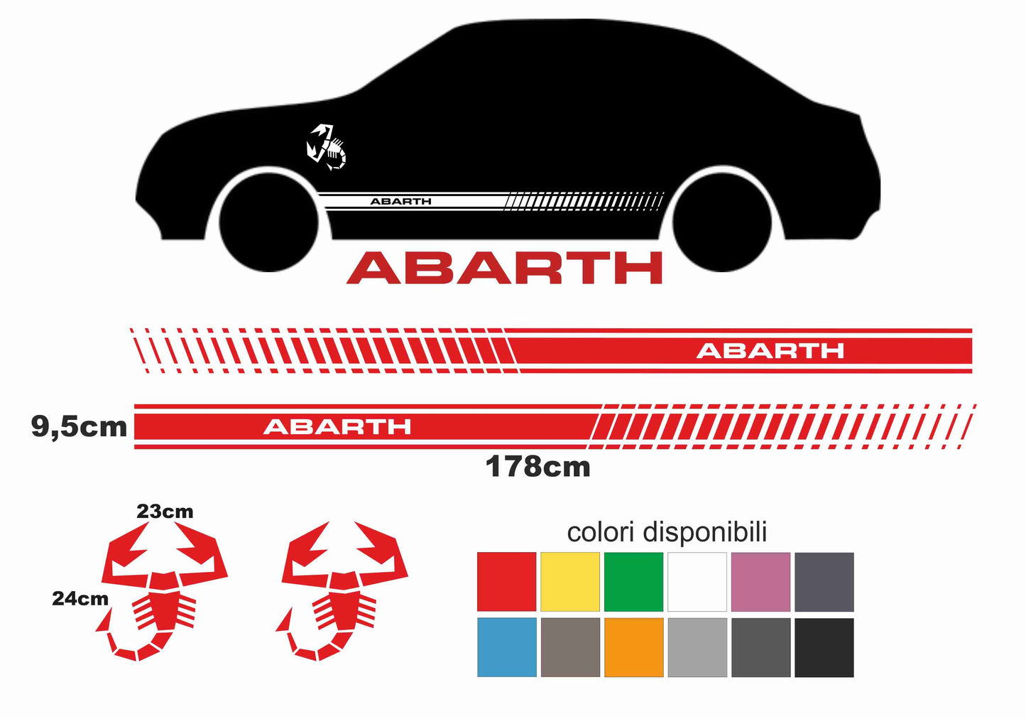 adesivi strisce abarth universali colore personalizzato omaggio scorpioni