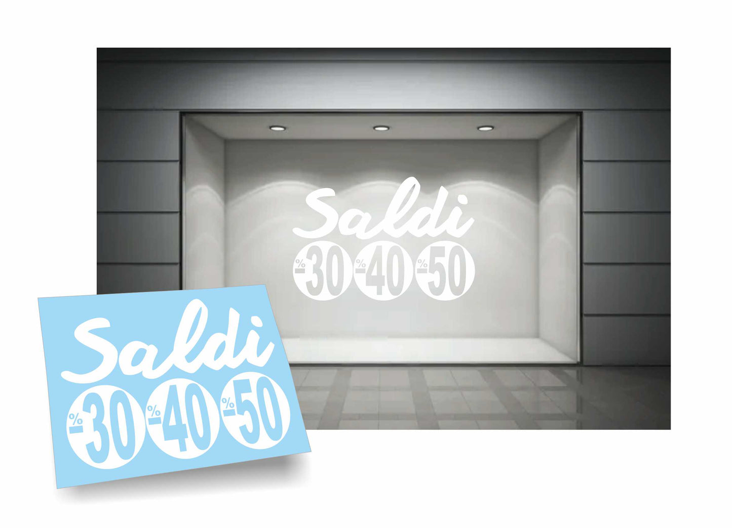 adesivi saldi 30% 40% 50% per vetrofanie 90cm x 58 cm