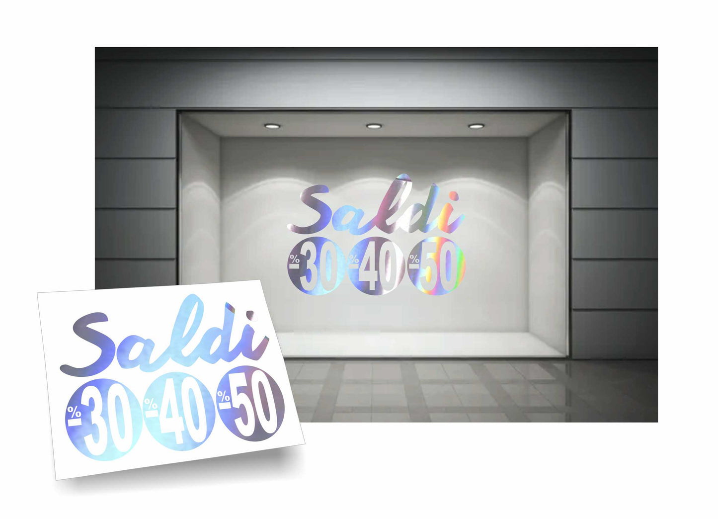 adesivi saldi 30% 40% 50% per vetrofanie 90cm x 58 cm