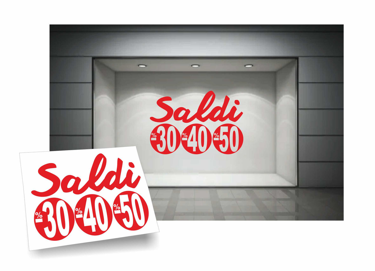 adesivi saldi 30% 40% 50% per vetrofanie 90cm x 58 cm