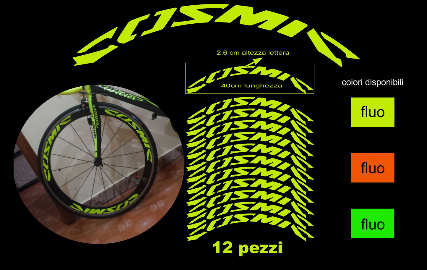 Kit adesivi cerchi bici bdc mavic COSMIC colore FLUO 12pezzi 40cm x 2,6