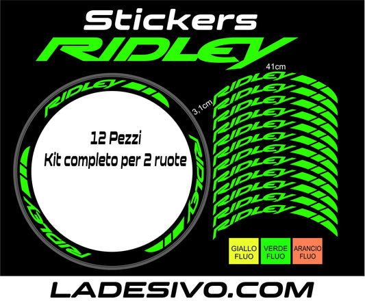 Kit adesivi cerchi bici bdc RIDLEY colore FLUO 12 pezzi 41cm x 3,1