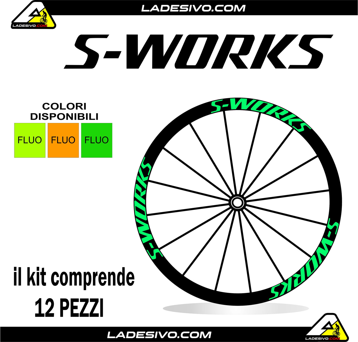 Kit adesivi cerchi bici da corsa specialized s-works colori FLUO 12pezzi